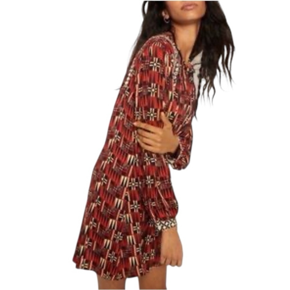 Anthropologie Verb Pallavi Singhee Sarah Red Beige Tunic dress boho western - Picture 4 of 8